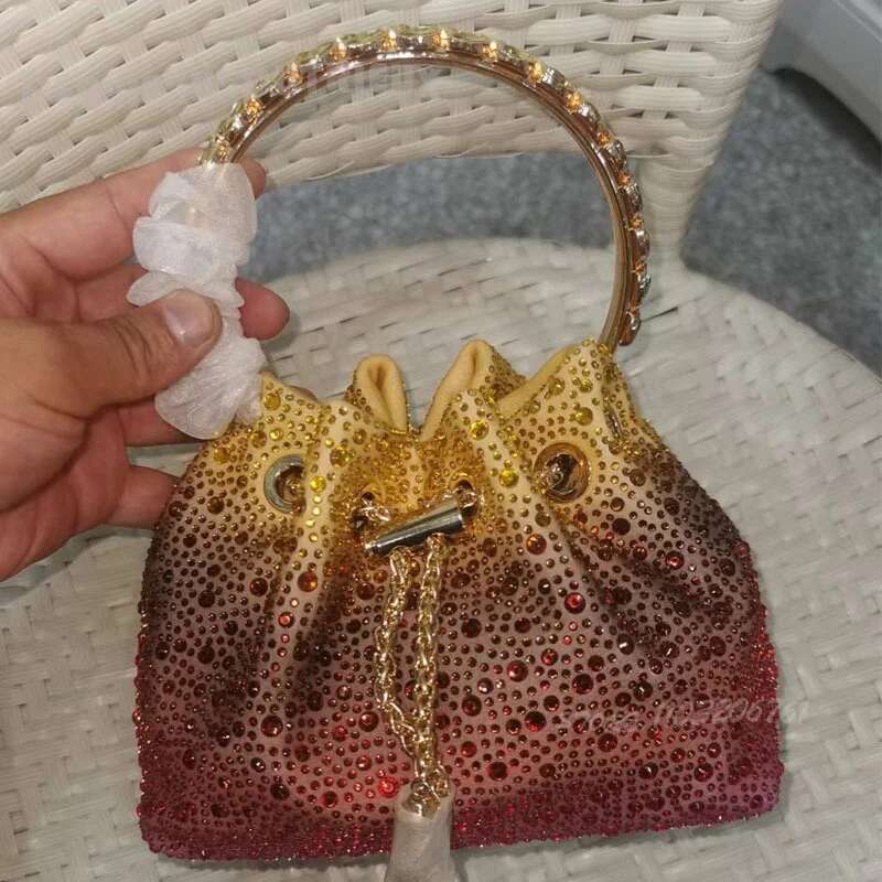 Red Mini Crystal Gradient Stone Handbag Women Party Evening Clutch Light Blue Dia Ring Drawstring Color Bg Wristlets Girl