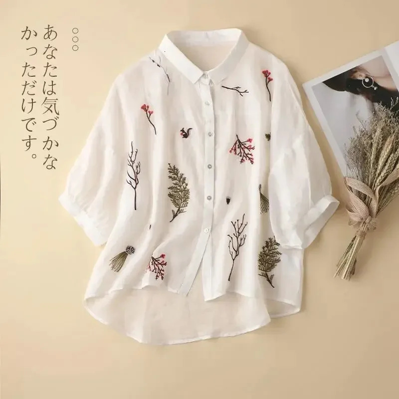 Summer Seven Point Cotton Linen Embroidered Shirt for Women Literary Loose Temperament Lapel Casual Top for Women 250402