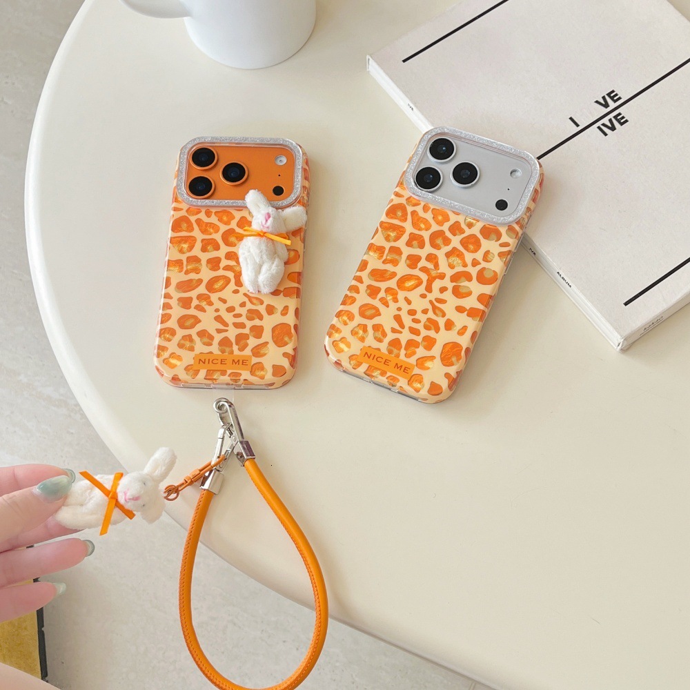 Orange Leopard Print Plush Bear Phone Case Compatible with iPhone 17/16 Pro Max Personalized Lanyard Case iPhone 15/14 Pro