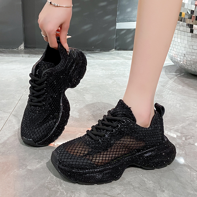 Luxury Women's Sports Shoes Spring Mesh Diamond Crystal Designer Shoes Lace up Casual Outdoor Running Shoes Platform Sneakers