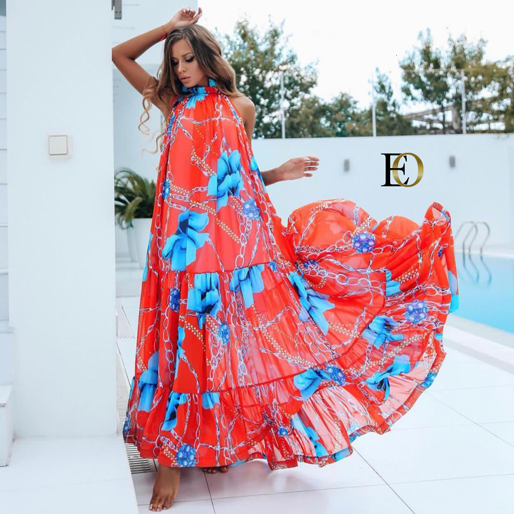 2025 Summer Dress with Neck Hanging Sleeveless Print Loose and Big Swing Sexy Off Shoulder Beach Dress