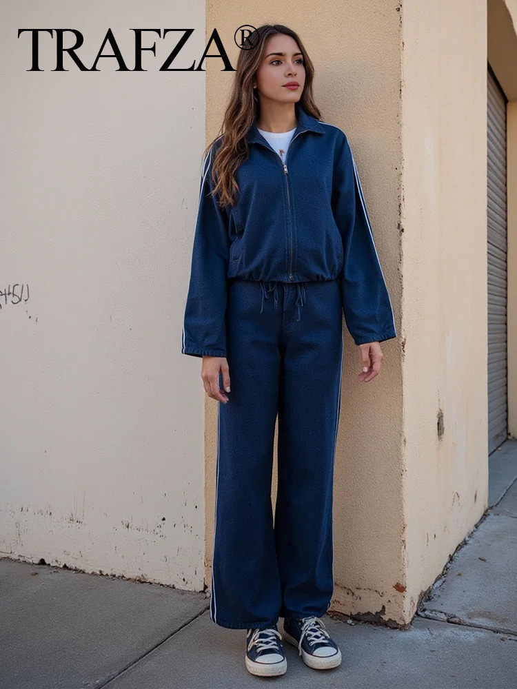 TRAFZA Womens Casual Denim Jacket Trouser Set Splicing Work Striped JacketLoose Elastic Waist Wide Leg Jeans 250403