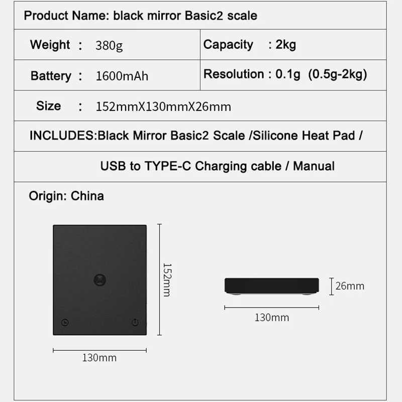 TIMEMore Basic 2 Black Mirror Inverted on Coffee Scale Flow Display Automatic Timer Digital Kitchen Food Scale Concentrated Coffee 0.1g/2kg Z250403
