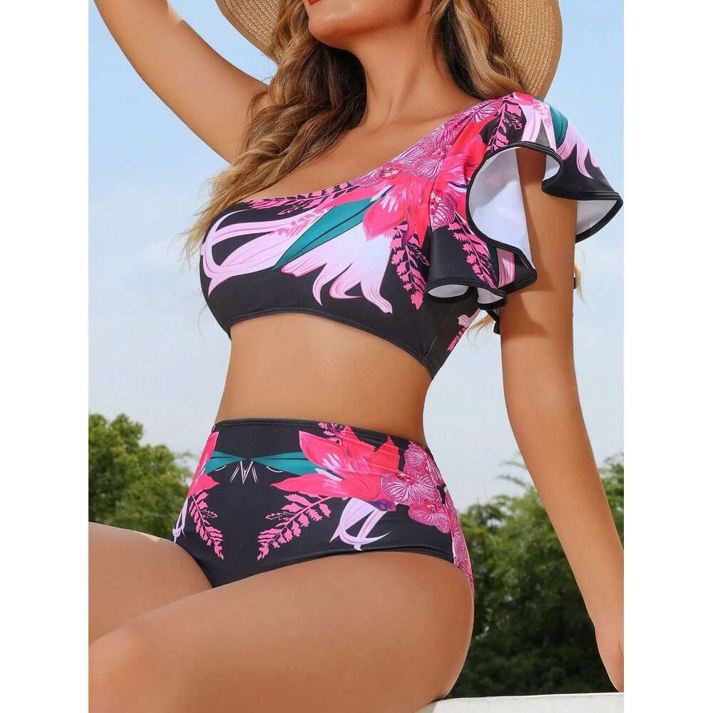 2025 New Women's 2 Piece Swimsuit Sexy wer Print Ruffle Single Shoulder Backless High Waist Bikini Beach Vacation Swimwear