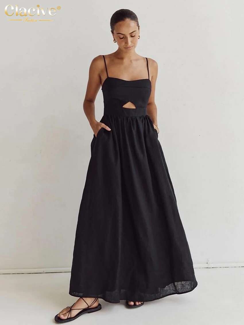 Clacive Sexy Loose Black Cotton Womens Dresses 2024 Summer Strap Sleeveless Ankle Length Elegant Hollow Out Female Dress