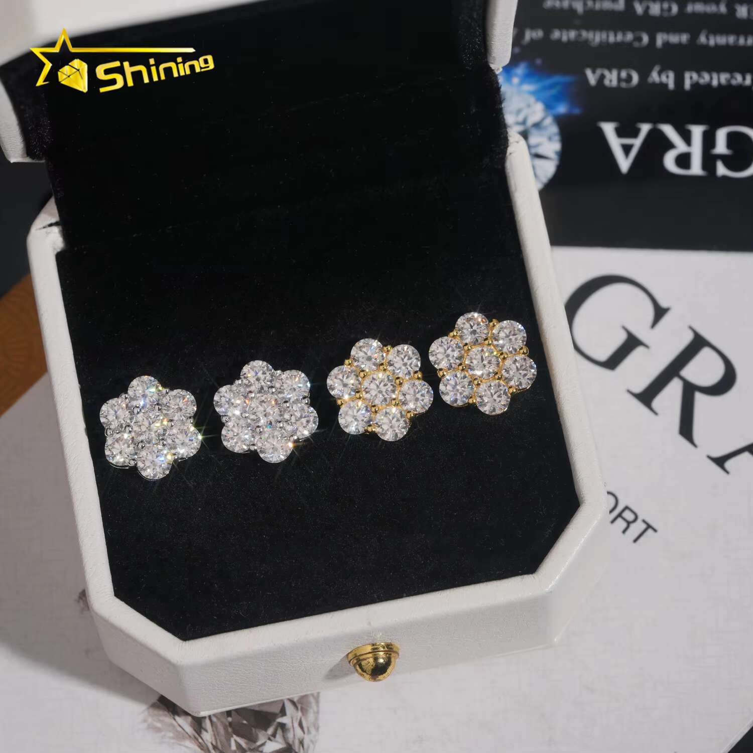 Hot Sale Trendy 12mm Cluster Flower Screw Back Stud Earrings Sier Gold Plated Black Moissanite Pass Dia Tester Earring