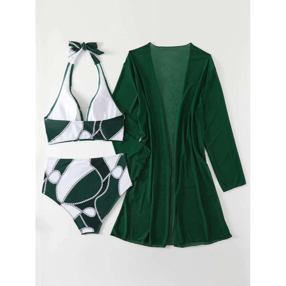 Green Print 3-piece Swimsuit for Women,long Sleeve Mesh Cover-ups Bikini,high Waist,V-neck Halter Backless Swimwear,2024 New