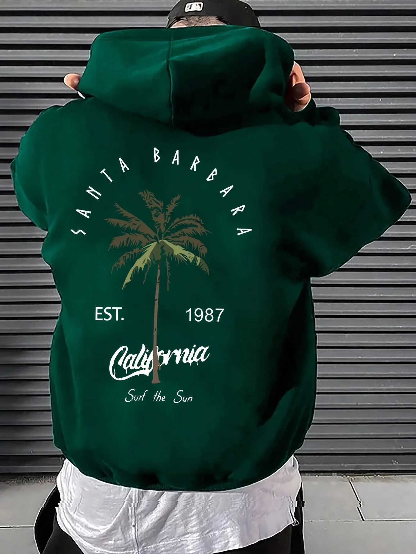 Mens Casual Tropical Palm Tree Print Hooded Sweatshirt with a Loose Fit and Pockets Comfortable Sports Top W251106