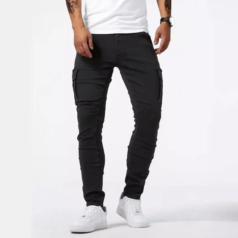 Street elastic jeans pencil pants mens denim cargo solid color multi pocket casual tight fitting clothing 250401