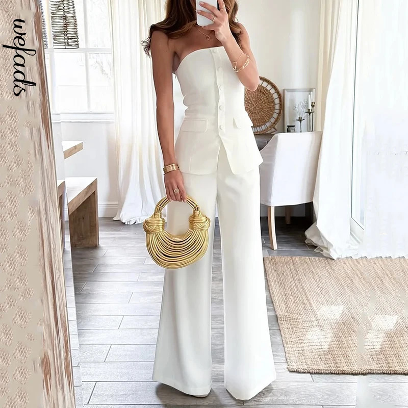 Wefads twopiece womens office desk set simple and elegant solid sleeveless strapless single chest button top straight pants 250403