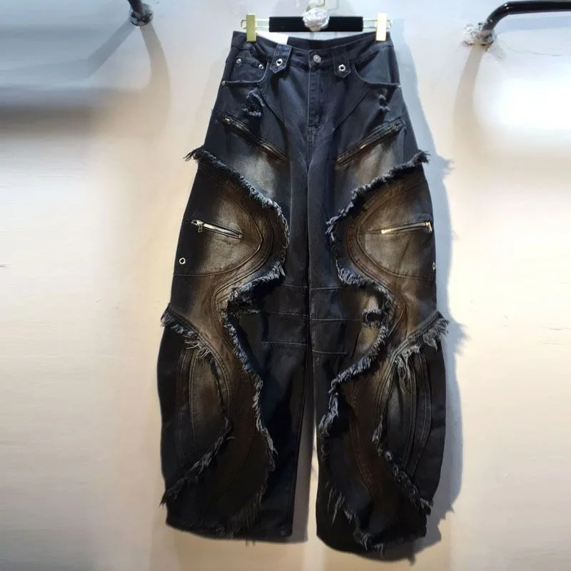 American Fashion High Waist Slim Stitching Raw Edge Patch Painted Machete Wideleg Jeans Women Y2K Harajuku Hip Hop Z260313