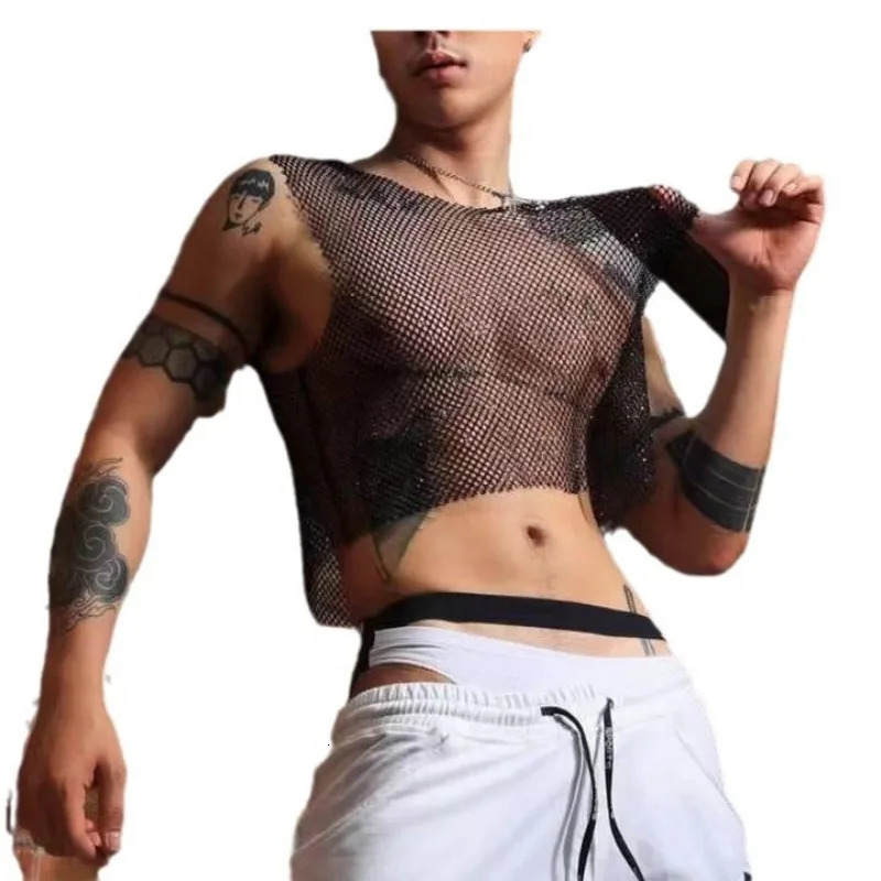 Mens vest sexy rhinestone fishnet sleeveless top hollow sports vest with stage display of mens clothing 250403