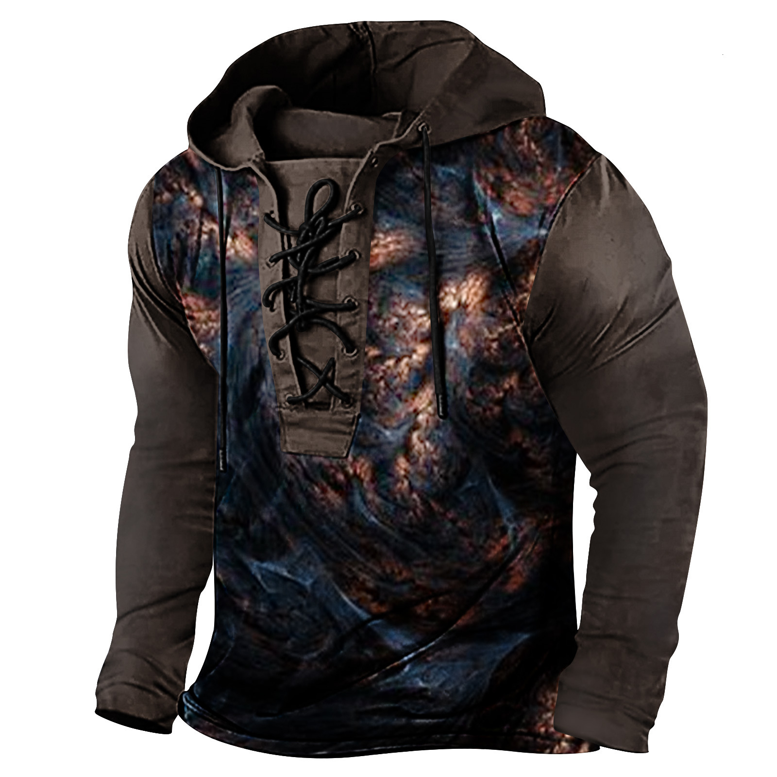 2024 Spring New Mens Digital Printed Strap Up Large Hooded Long Sleeve T-shirt Mens Wear