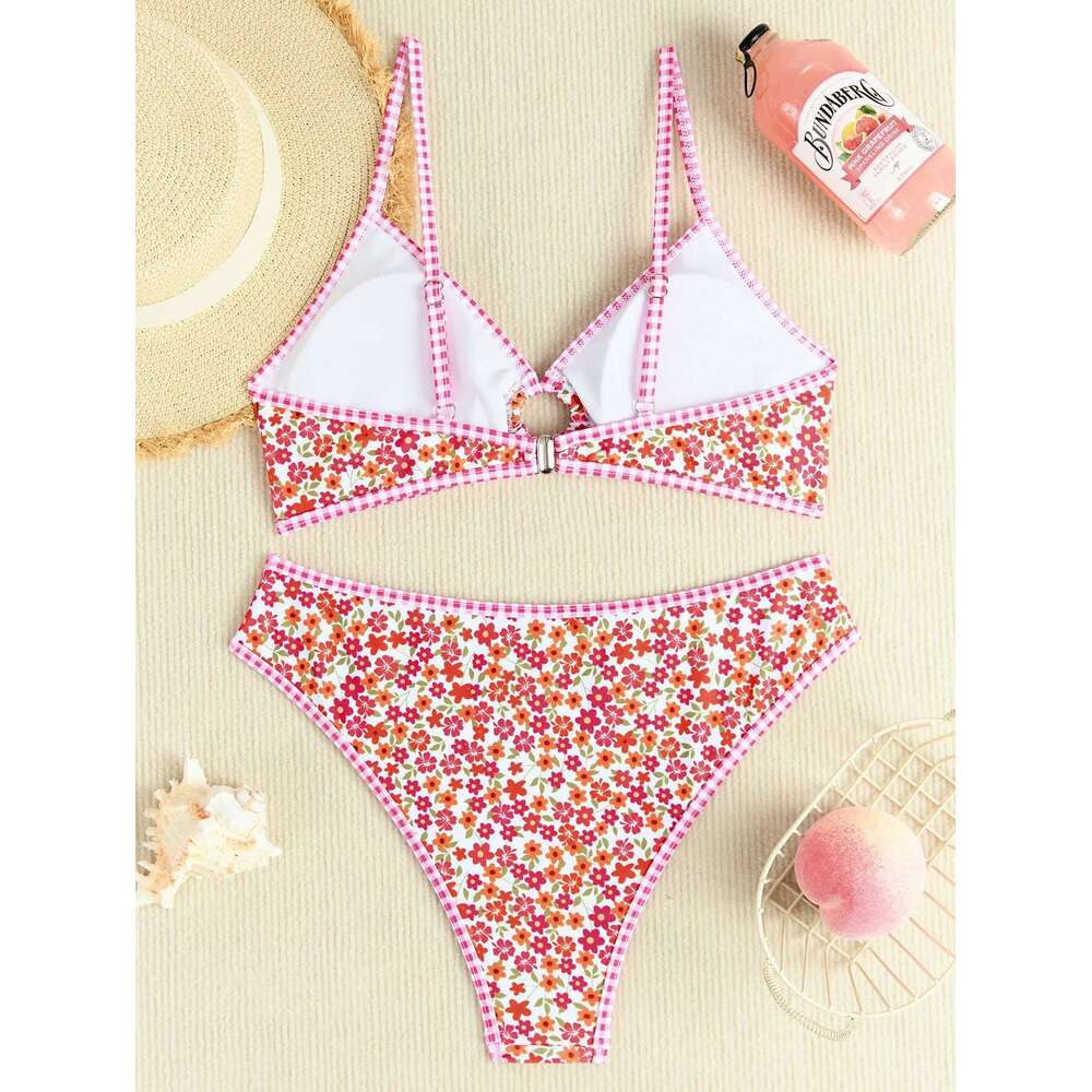 Rose Red wer Print Bikini Set Women 2025 Summer New High Waist 2 Piece Swimsuit V-neck Bra Push Suspender Backless Swimwear
