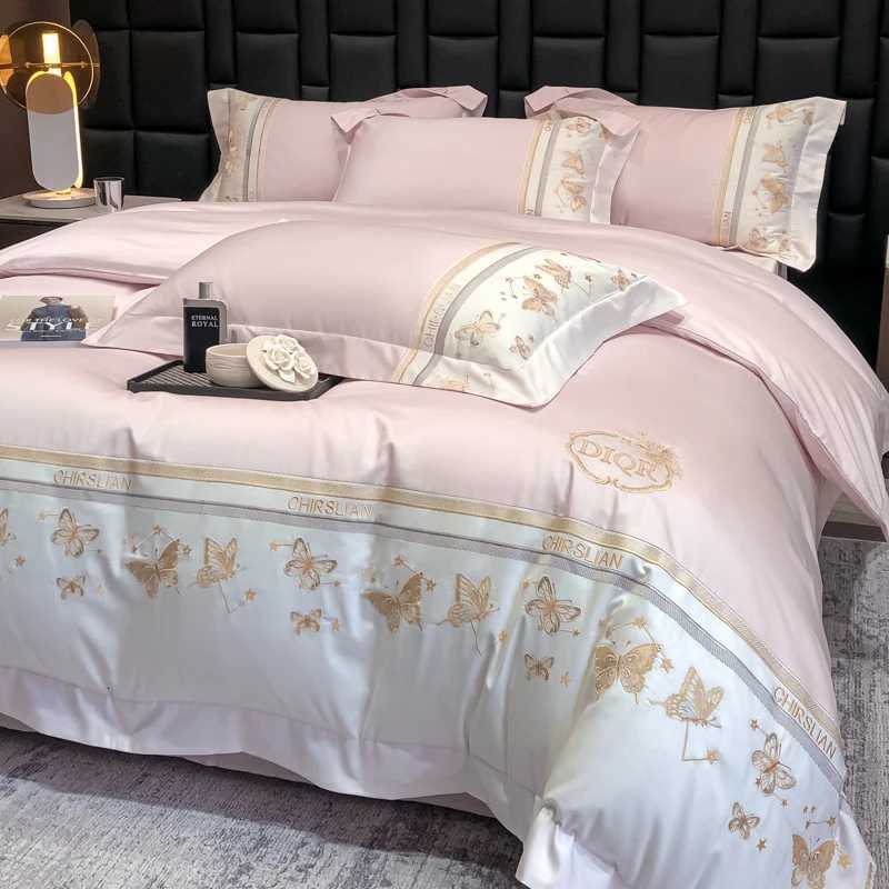 Designer 100 Cotton Bedding Set Luxury Golden Butterfly Embroidery Quilt/Duvet Cover Fitted Bed Sheet Sets Pillowcases Home Textile Y251106