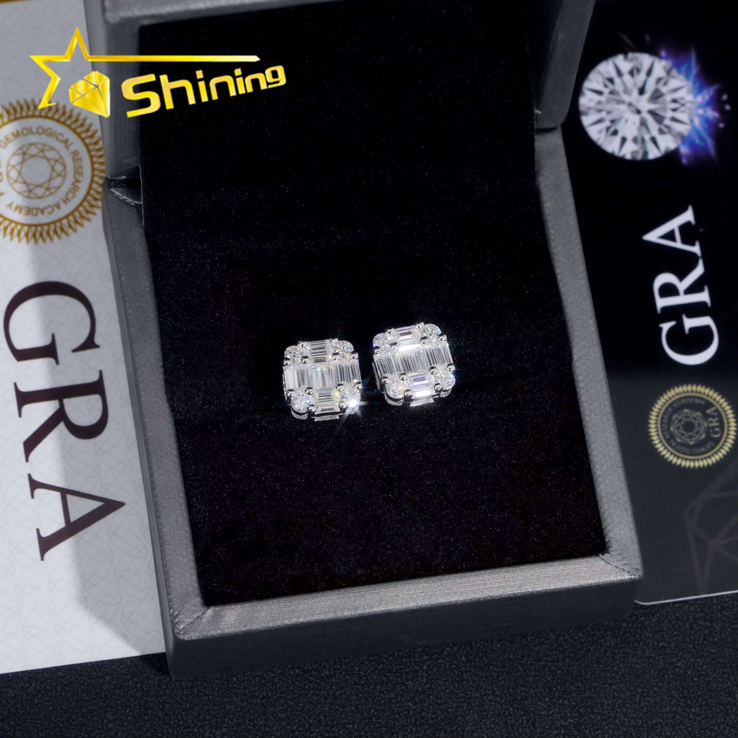 Ready to Ship Hip Hop Jewelry Pass Tester Sterling Sier VVS Moissanite Dia Classic Baguette Stud Earrings