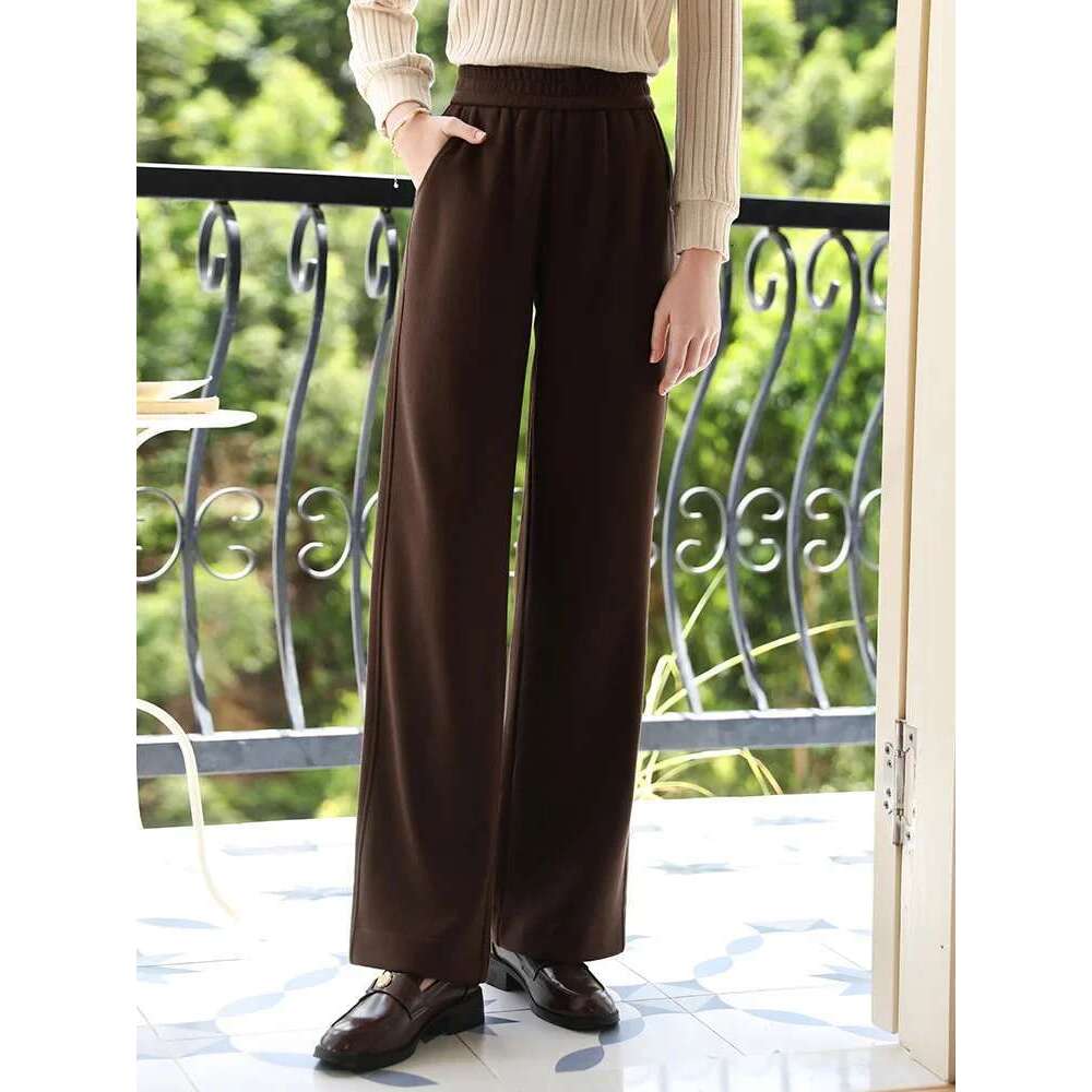 Khaki Straight Leg Casual For Women Autumn Elastic Waist Trousers Double-Layer Warm Pants