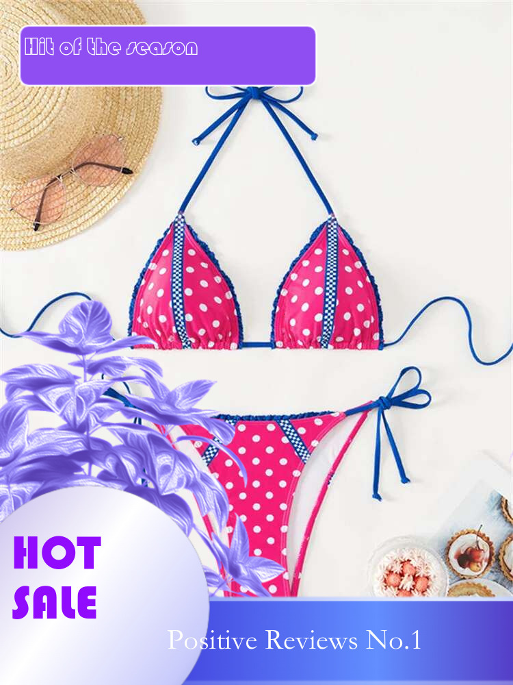 Dongdumaoyi Sexy Pink Dot Print Bikini Set Women Cute Ruffles Push Up Bra Tie Side Thong Swimsuit Beach Bathing Suit Micro Swimwear