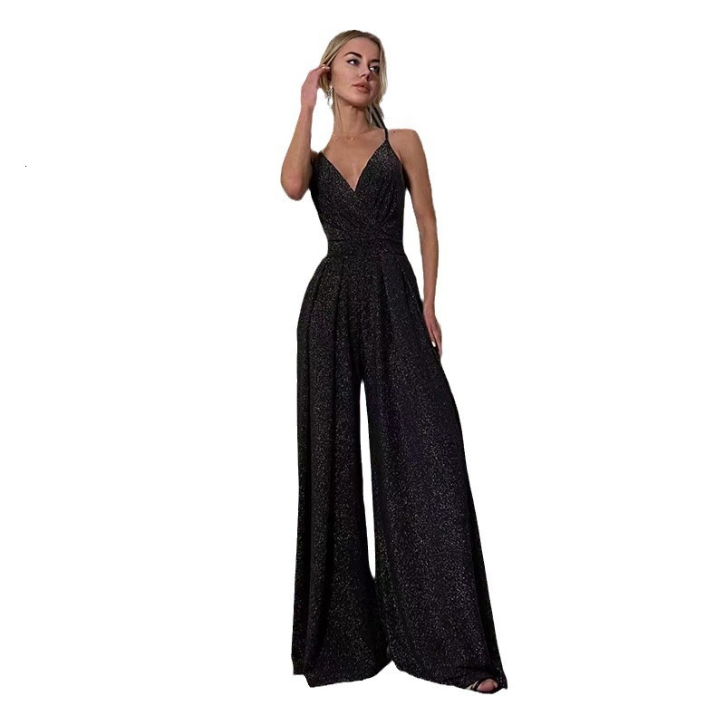 2025 New Sleeveless Camisole V-neck Tight Fitting Hip Hugging Open Back Wide Leg Jumpsuit