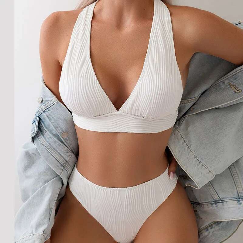 2024 Solid Color White Swimsuit for Women,high Waist V-neck 2 Piece Bikini,summer Beach Vacation Backless Swimwear Bathing Suit