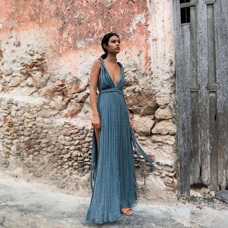 Para Praia Hollow Out Knitted Long 2024 Dress Drawstring Swimwear Cover Ups Sexy Beach Outfits For Women Beachwear