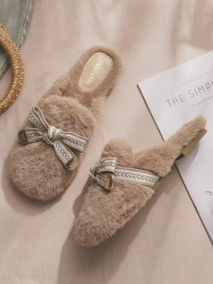 Bow Fur Flats Women Slippers Plush Slingback Mules Shoes Winter Home Cotton Casual Woman Flip-flops Trend Mujer Boots 251106