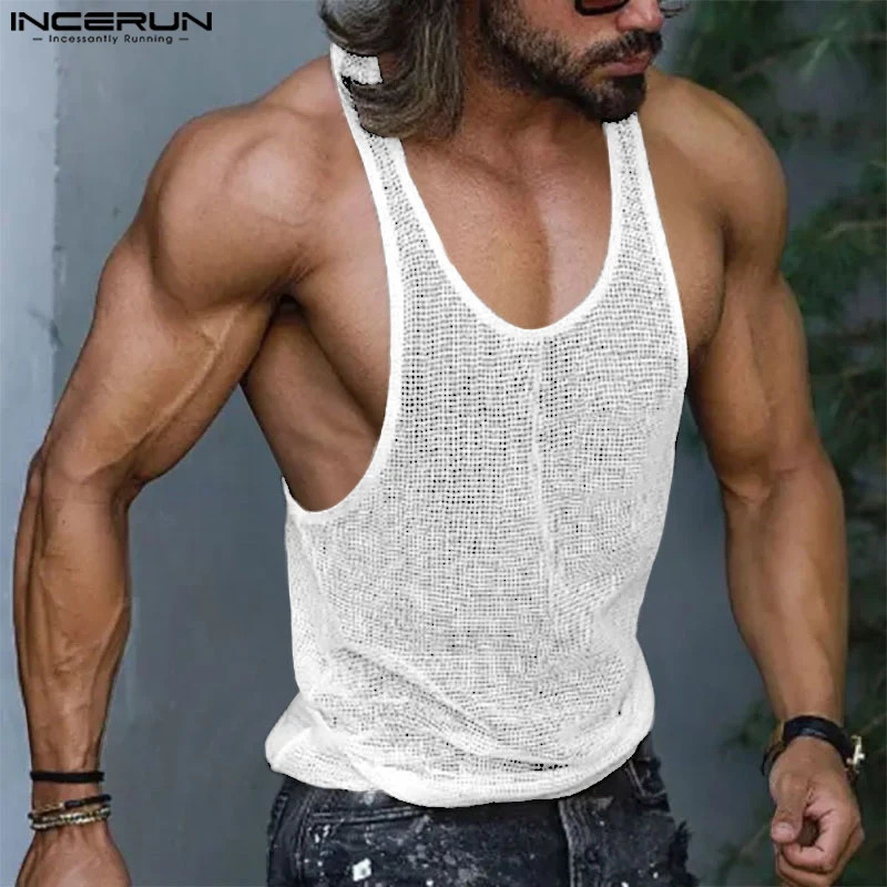 INCERUN Mens Tank Top Mesh Transparent O-Neck Sleeveless Sexy Street Vest Summer Breathable Mens Clothing S-5XL 250403