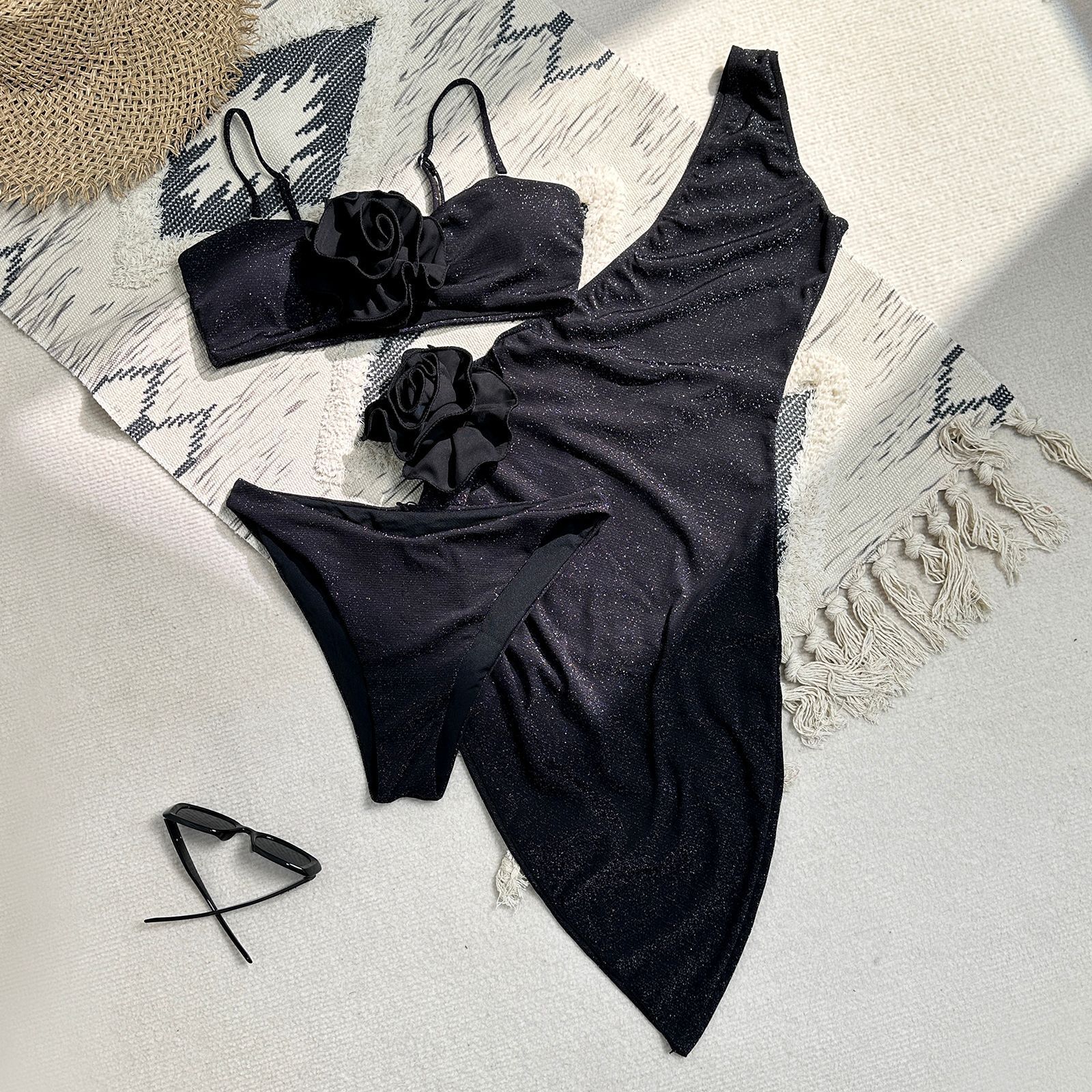 New women's three piece set solid color three-dimensional flower swimsuit