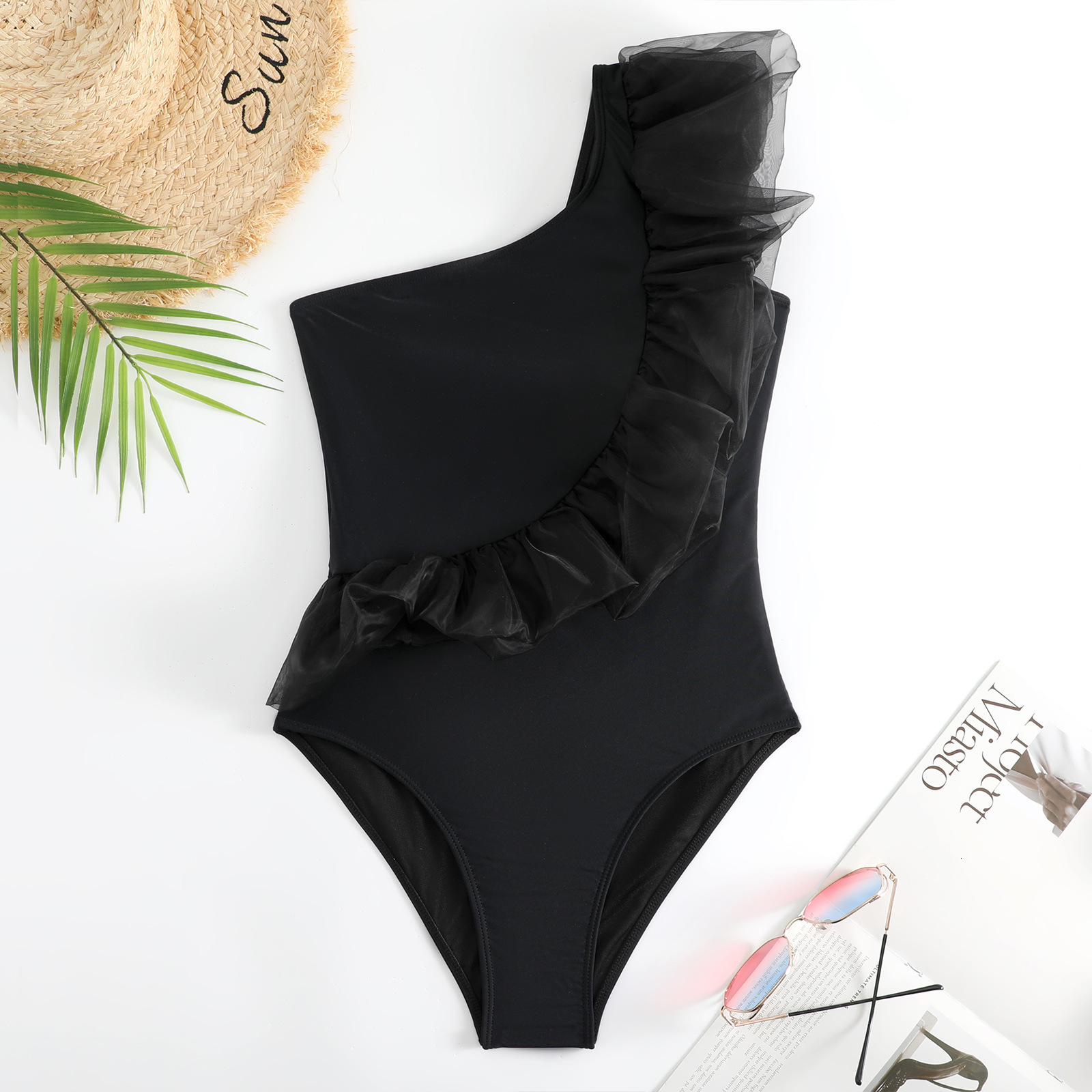 New one-piece women's one shoulder printed wrapped skirt bikini swimsuit set