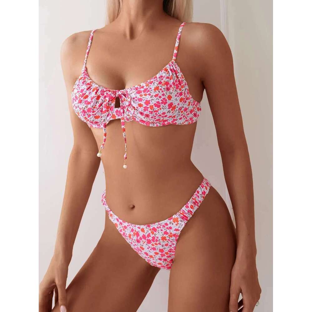 Pink ral Print micro Bikini Women Swimwear 2025 Brazilian Beach Push Up Pleate Tie Underwire Bathing Suit Two Piece Swimsuit