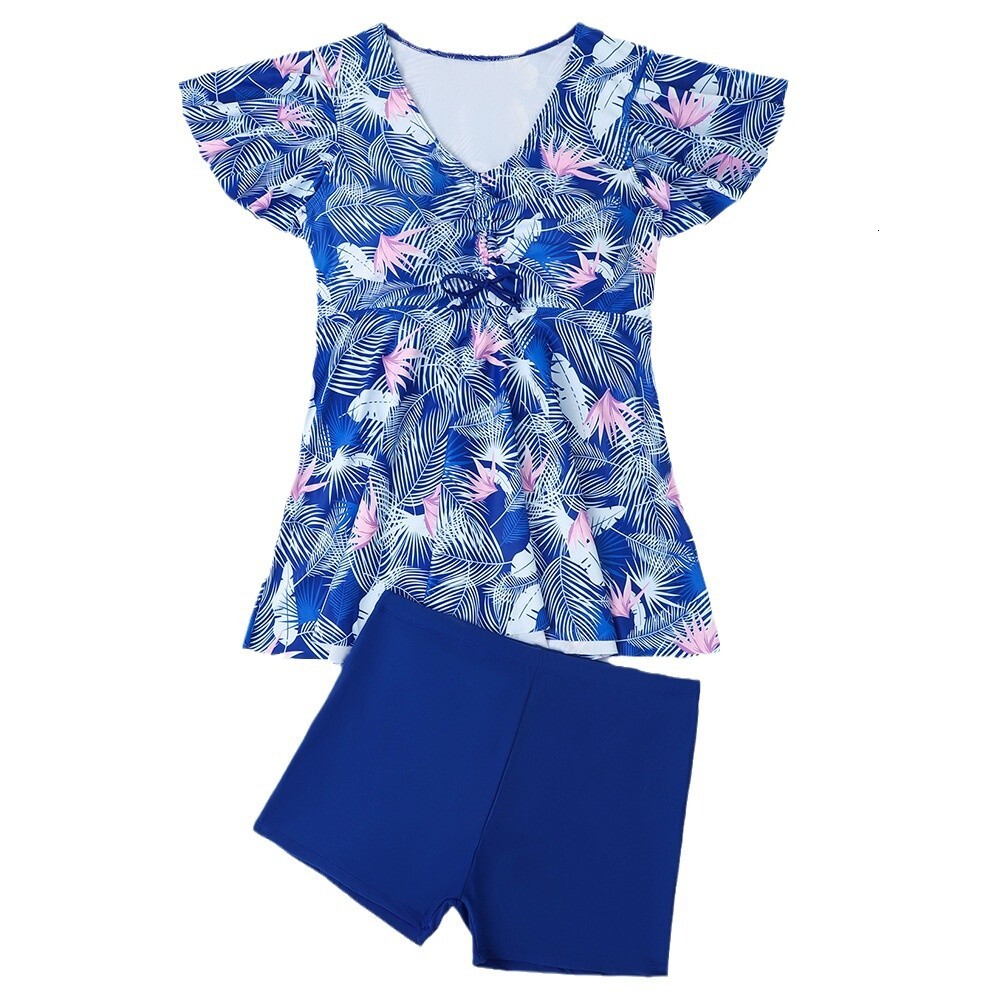 Large Fat Granny Digital Printed Short Sleeve Skirt Set with Independent Flat Corner Shorts for bikini Women's Swimwear