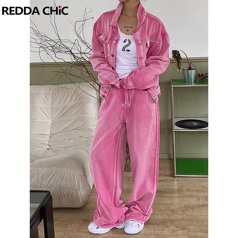 ReddaChic Womens Fashion Pink Jacket Jeans Denim Set Y2k Retro Casual Collar Long Sleeve Statue Bag Jeans 2-piece Set 250402