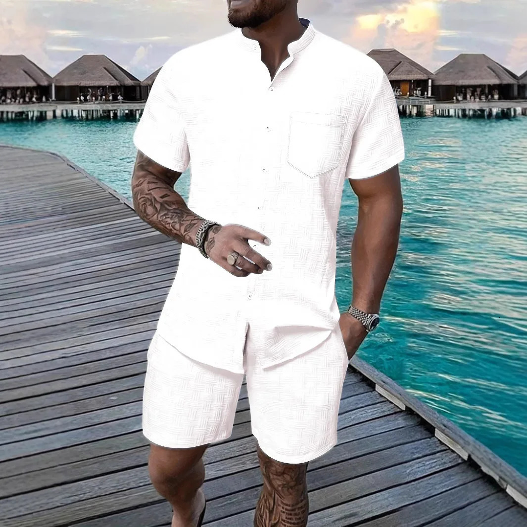 Fashion solid color short sleeved stand up collar short sleeved mens two-piece set summer jacquard casual pocket beach 2 250402