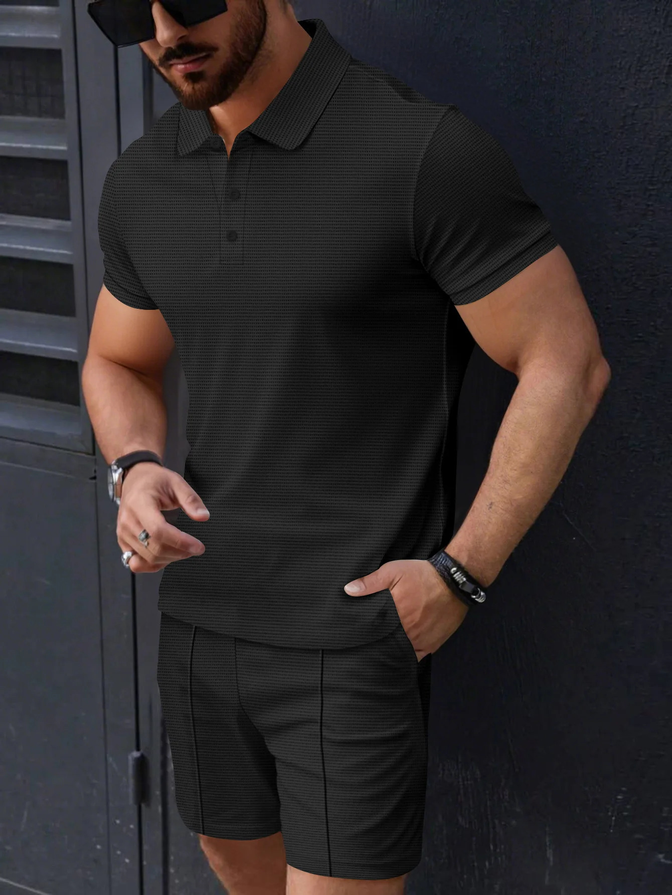 summer mens casual sportswear street solid color plaid collar short sleeved polo shirtshorts two-piece set 250402