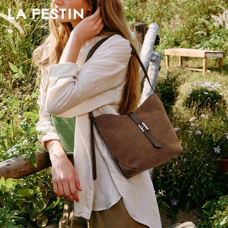 LA FESTIN Original Brand Shoulder 2025 New Suede Handbag Women Fashion Bucket Green Leather Bag