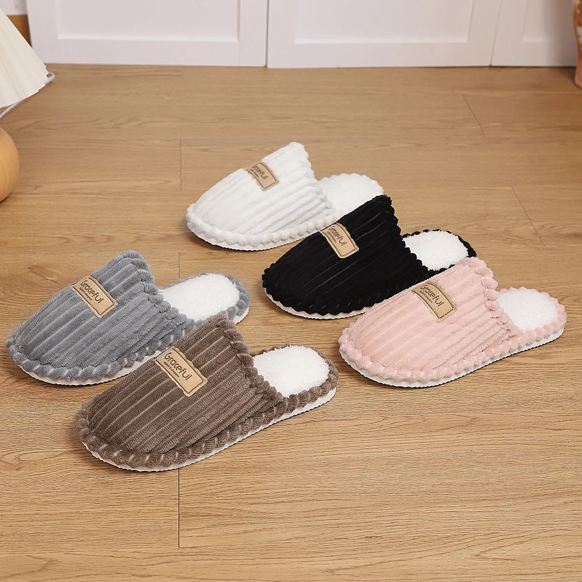 Womens Black Faux Fur Plush Flip Flop Slippers, Pull-On Outdoor Recreation House Shoes with White Sole - view 4