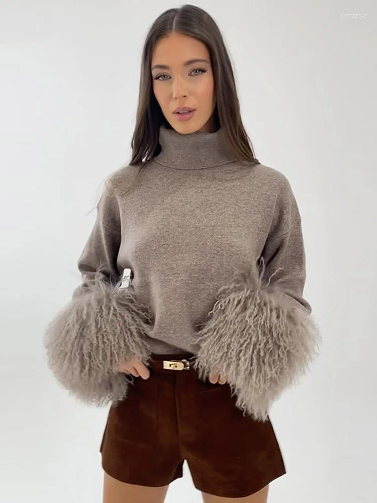 2026 Women's Sweaters Fur Patchwork Knit Sweater Fashion High Neck Long Sleeve Loose Fit Pullover Lady Autumn Street Wear