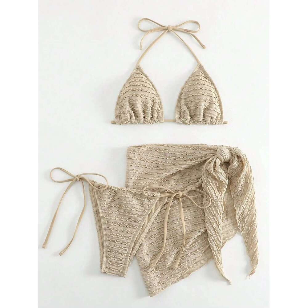 Solid Color Khaki 3-piece Swimsuit for Women,beach Skirt Lace-up Bikini Set,2024 Summer New,beach Vacation Bathing Suit,swimwear