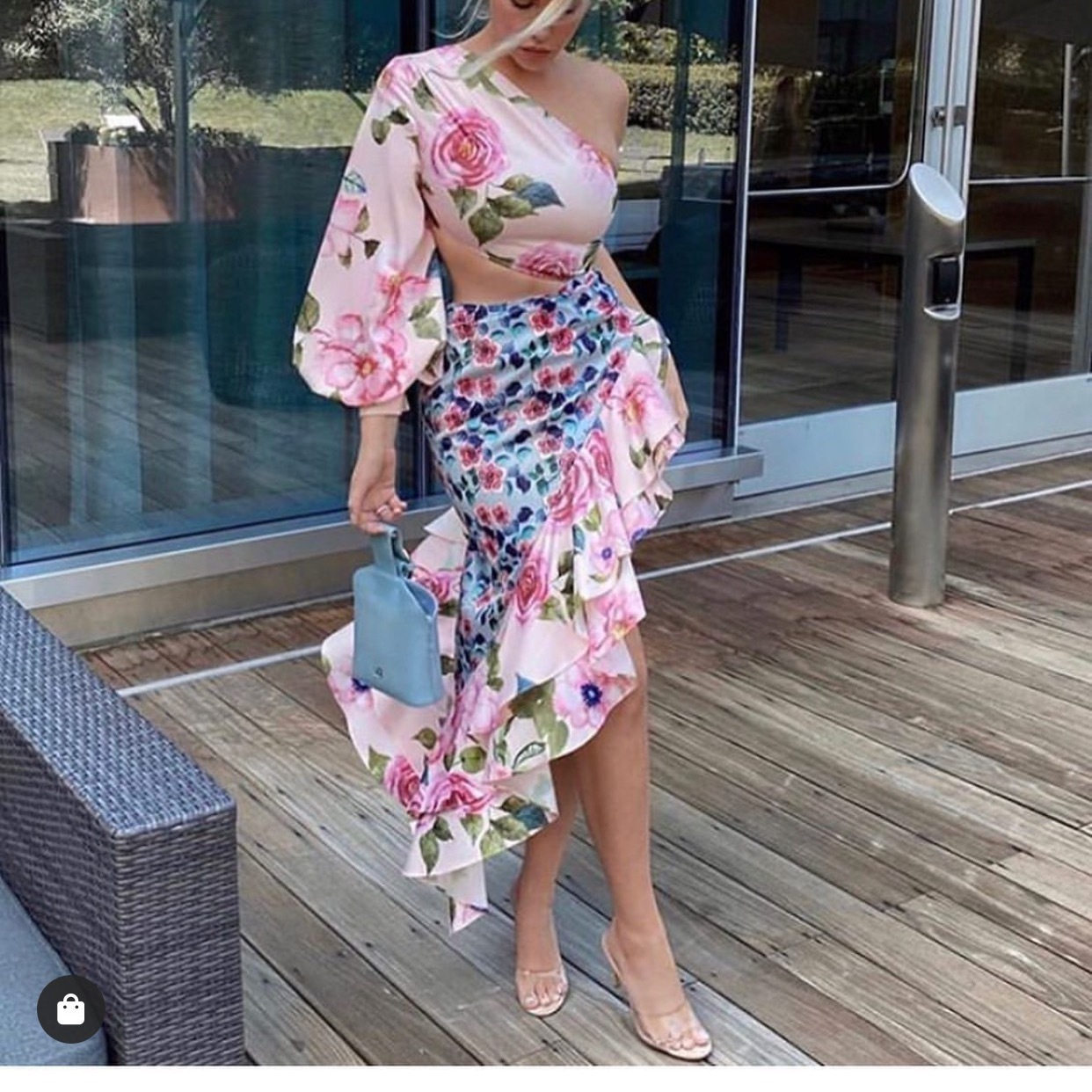 2025 Summer New Womens Long Skirt Asymmetric Strapless Single Sleeve Waist Cinched Floral Patchwork Skirt