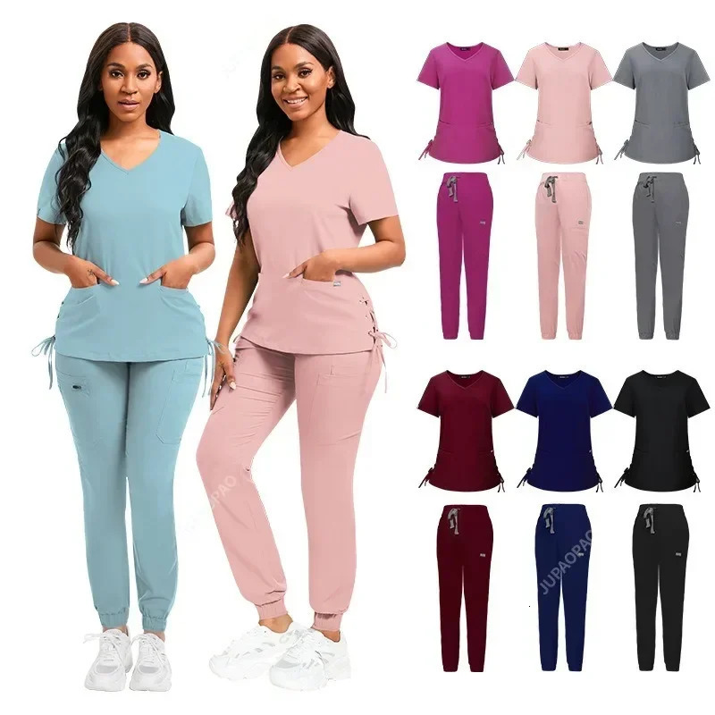 High Quality Pink Navy Blue Red Black Spa Salon Dental Aesthetic Scrubs Beauty Nurse Women Work Uniform Set 250403