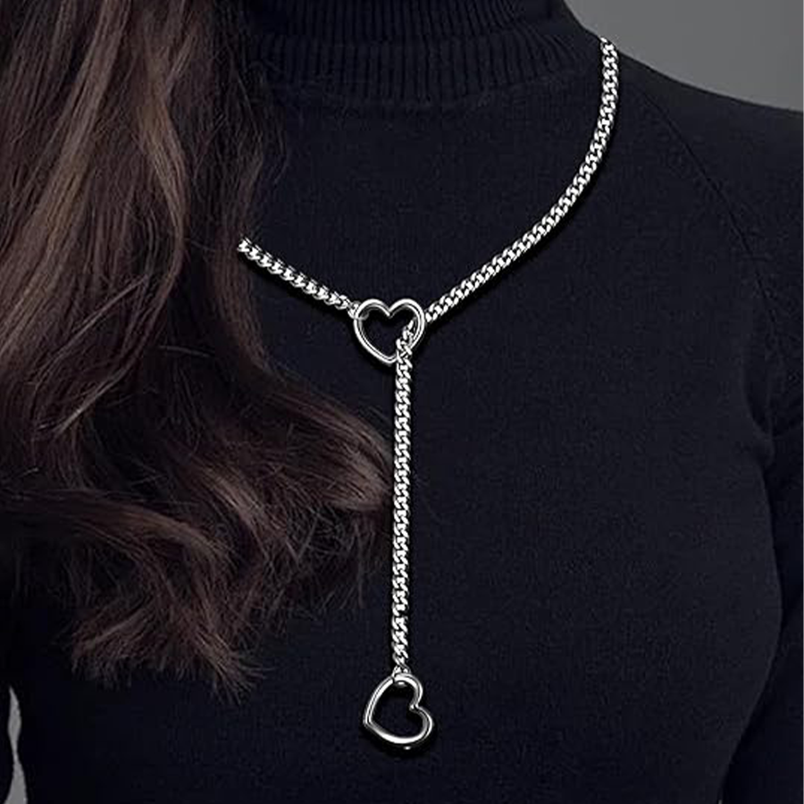 Heart Slip Chain Necklace for Women Men Stainless Steel Adjustable O-Ring Lariat Cuban Collar Choker Necklace Jewelry Punk Rock Gothic Y-Necklace Red 