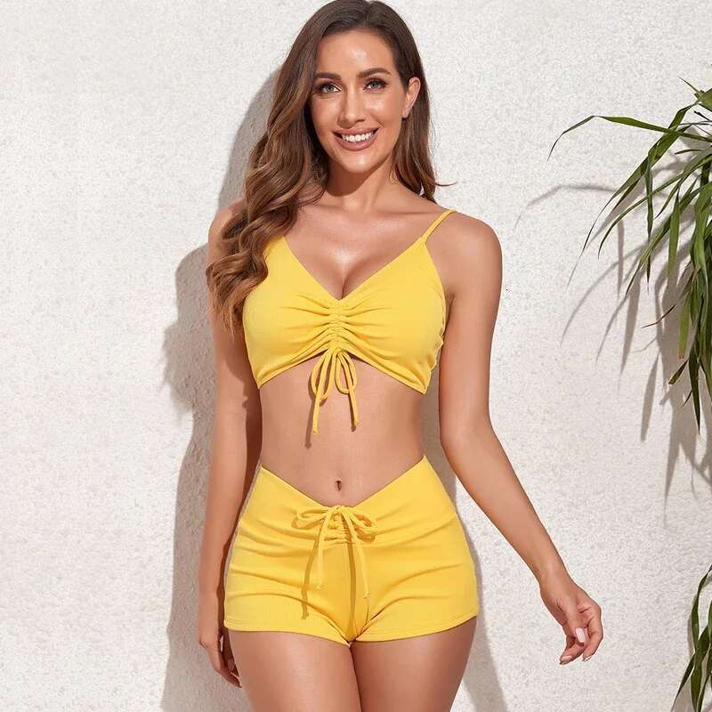 Solid Color High Waist Swimsuit Women 2024 2-Piece Bikini Sexy V-neck Suspender Backless Beach Bathing Suit Drawstring Swimwear