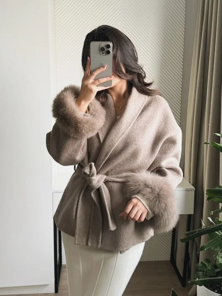 Solid Lace Up Woolen Short Coat Women Elegant Loose Lapel Furry Belt Long Sleeve Jacket Autumn Lady Outwear 251028