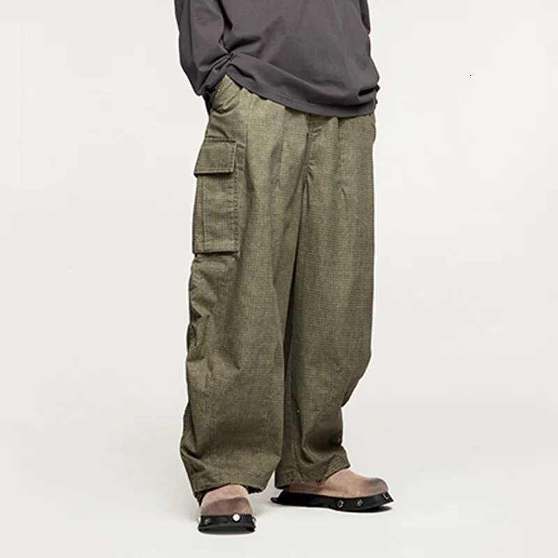 Faded Plaid Wide-Leg Cargo Pants For Men Loose American Washed Casual Pant Streetwear