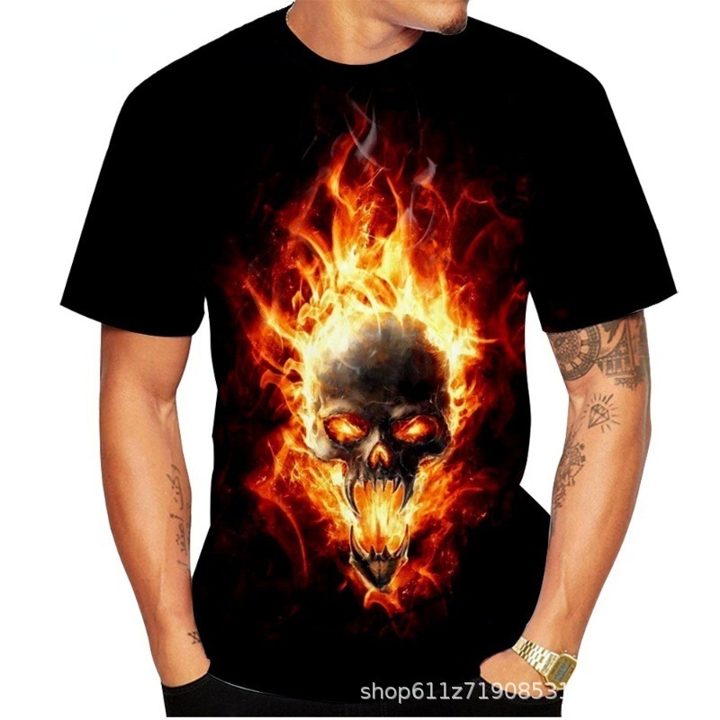 Spring fashion skeleton 3D printed mens street trend round neck short sleeved T-shirt top for men