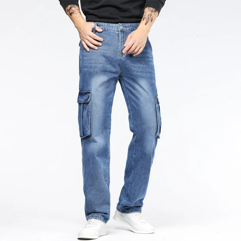 Blue pocket workwear jeans mens four season mid waist loose straight tube non elastic wear-resistant jeans 250402