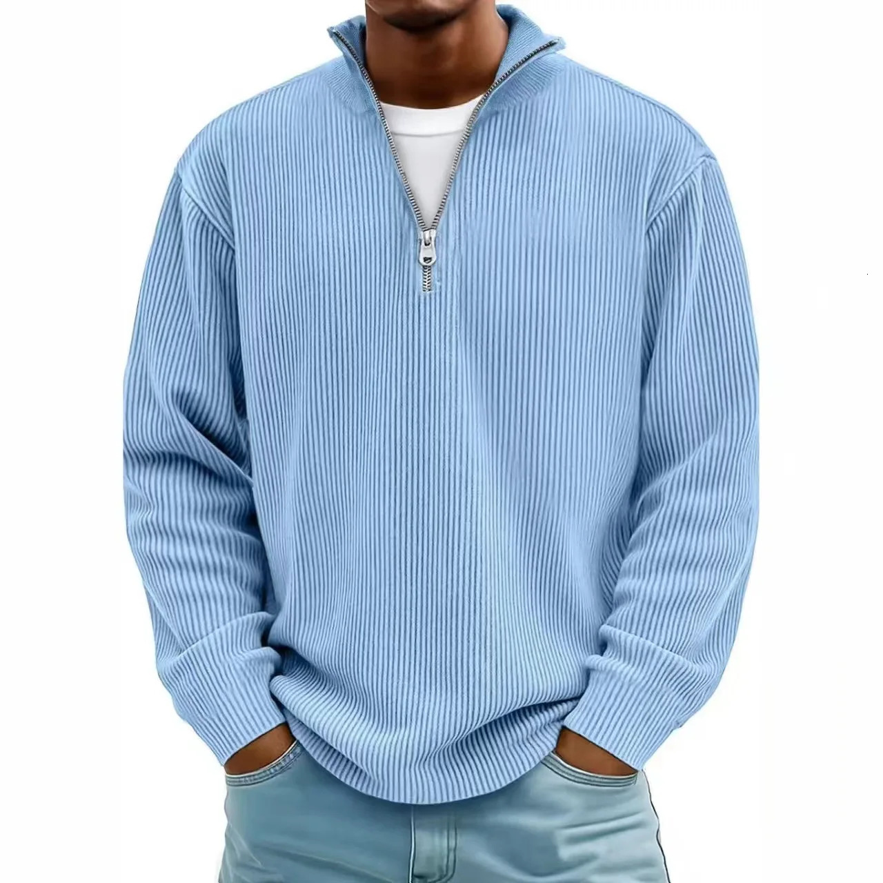 Corduroy Sweatshirts For Men Autumn Solid Long Sleeve Clothing Mens Casual Loose Zipper Polo Collar Tees Tops Man Outwear 251105