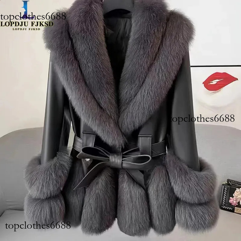 Womens Faux Fur Coat Adjustable Waist Leather Jacket Collar Thick Warm Clothing High-Quality Autumn And Winter 240827