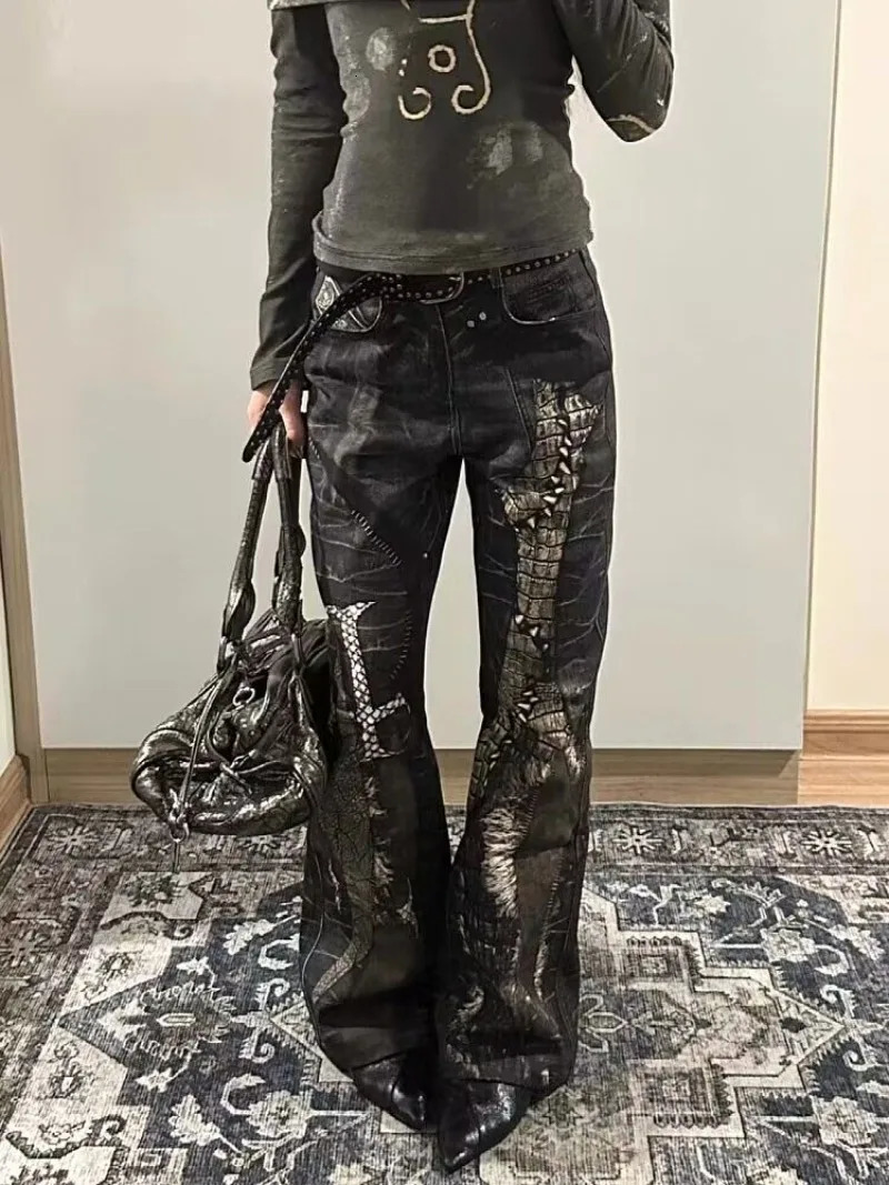 American Retro Python Print Straight Jeans Women Y2K Fashion Street Girls Loose Harajuku Casual High Waisted Wide Leg Z260313