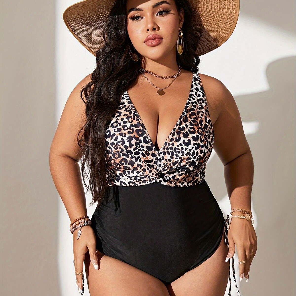 Fashionable plus size jumpsui riangle pans wih prined splicing drawsring on boh sides o cover he belly show off slimming and fa women's swimming